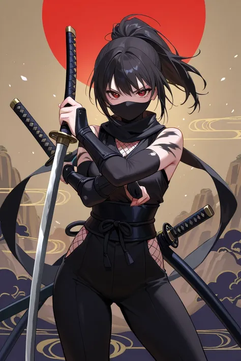 vector art、((female ninja))、female ninja、cute、Beautiful work、Light production,((Highest quality、masterpiece、Highest quality、High resolution、8k、detailed、ultra-detailed:1.3))、dynamic posing,(((((have a katana,black painted scabbard ,one sword :1.3)))))