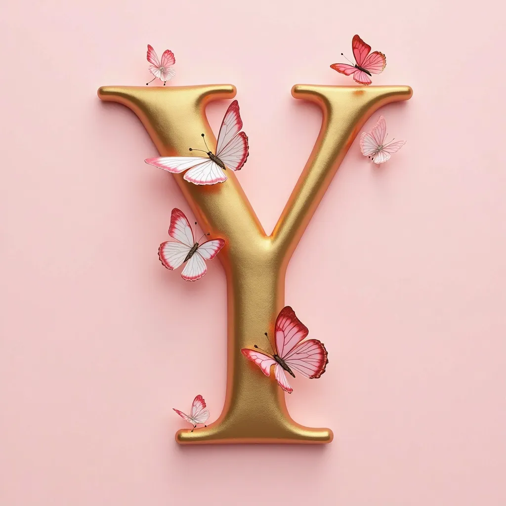 "A large gold letter 'Y' in a fixed style, with an elegant metallic shine and well-defined details. The shape of the letter is always consistent, inspired by a classic and sophisticated typography. Surrounding and perched on the letter are several butterfl...