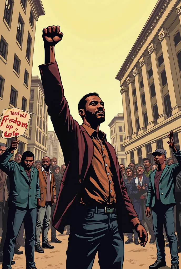  Panel 4 : The Abolitionist Movement
Scene: A group of people protesting in a square. A black man, Standing in the Crowd, raises their fist, others while carrying banners that 'Freedom for all'. Comic type image