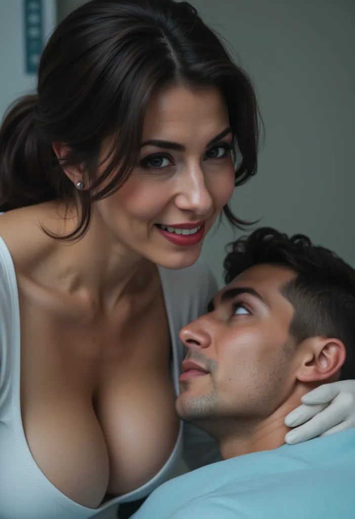 a woman and her male patient,  age 36,  ( Masterpiece, 4k resolution, ultra-realistic, very detailed) captured in ultra-realistic 8K resolution using a Canon EOS R5 with a 50mm f/1.2 lens. She is bending over helping him. Her face is sharply detailed, with...