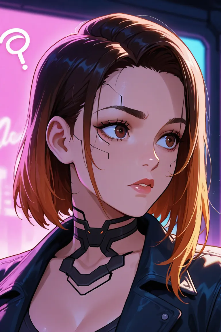 cartoon, cartoon anime style, colored, Judy Alvarez of Cyberpunk 2077, look at side, CONFUSED, warner bros style