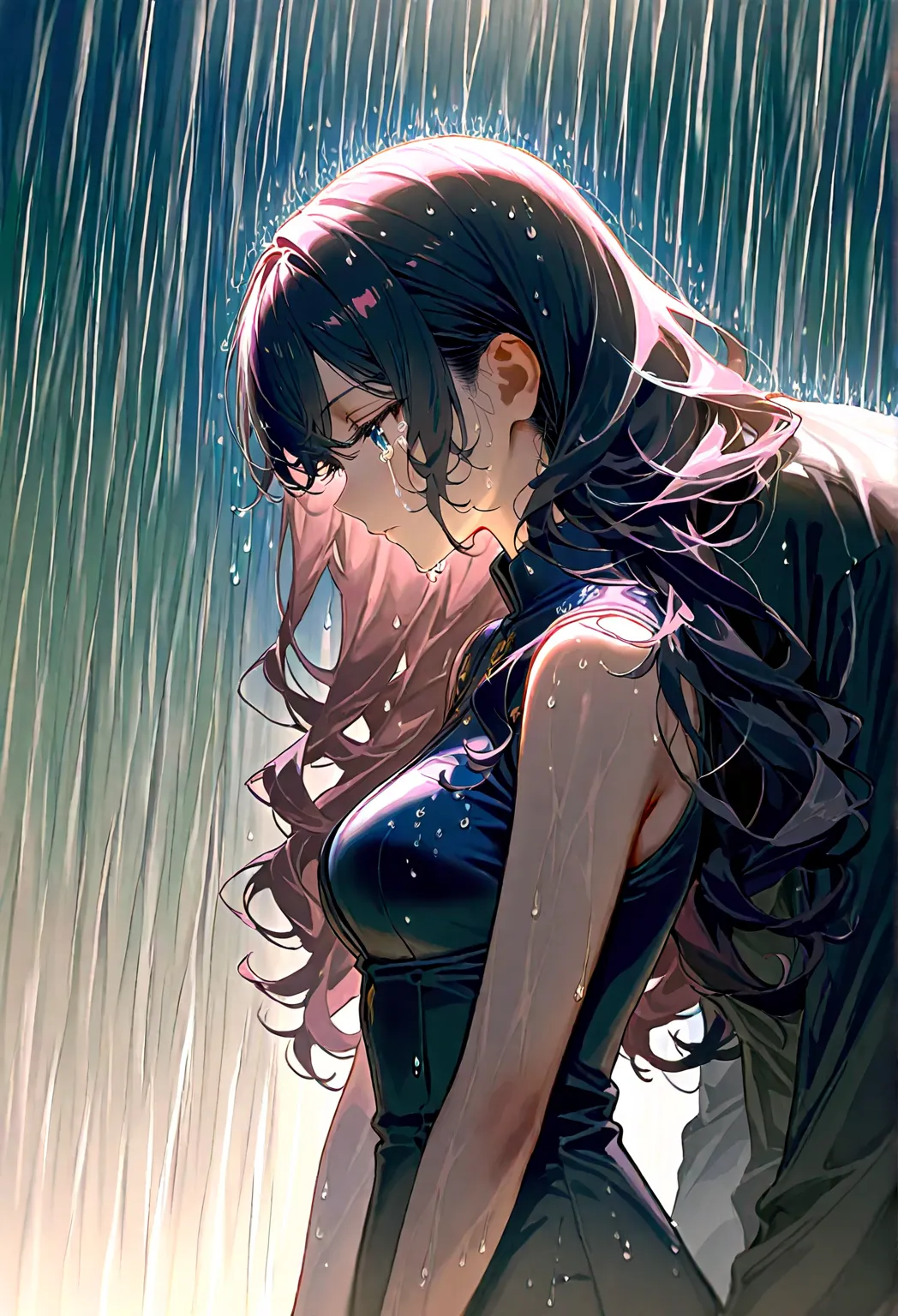 

**"surreal, A masterpiece depicting a beautiful woman in detail. short, wavy hair, completely soaked in heavy rain. She is crying, holding a dark-haired man's collar and bowing her head. intense raindrops surround her and the man, and, water flows down h...