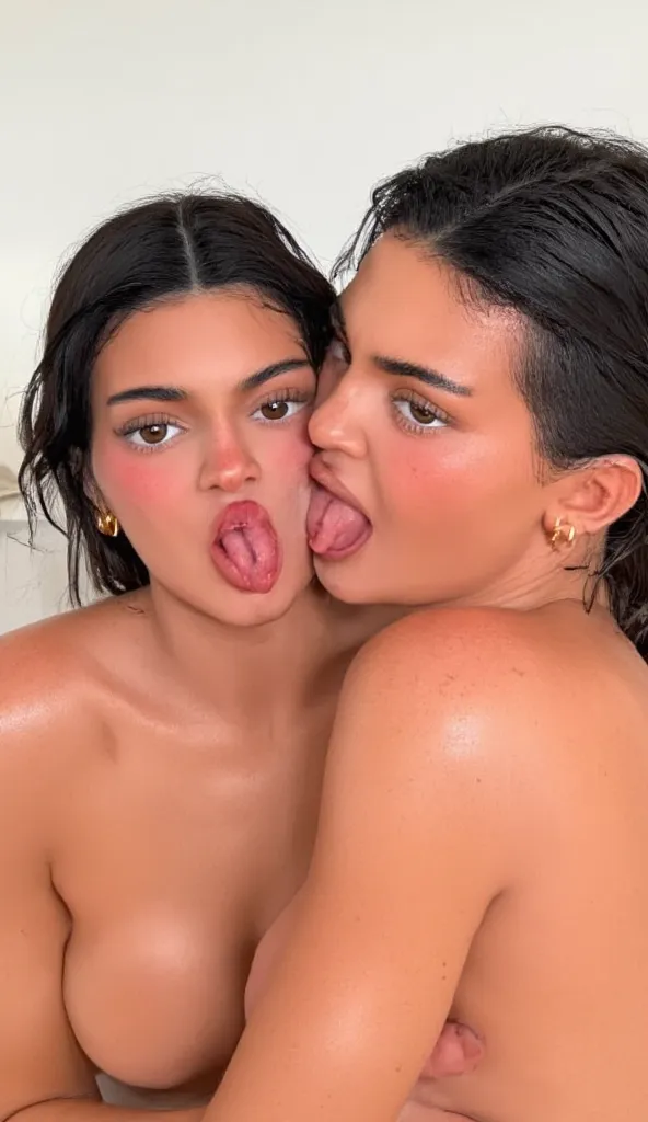 Upper body shot of kylie and kendall jenner with kendall looking at the viewer with her mouth closed and kylie is licking her face from the side. Both are naked. 