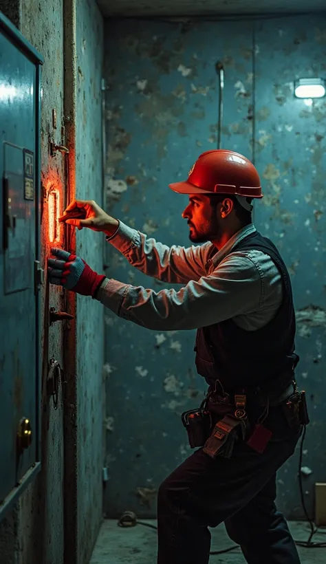 super realistic, hyperrealistic but with sci-fi elements, of an electrician worker repairing an electrical panel in 2066 in the future, in a dark setting, sin-city like, the electrician looks like Mario but without being obvious