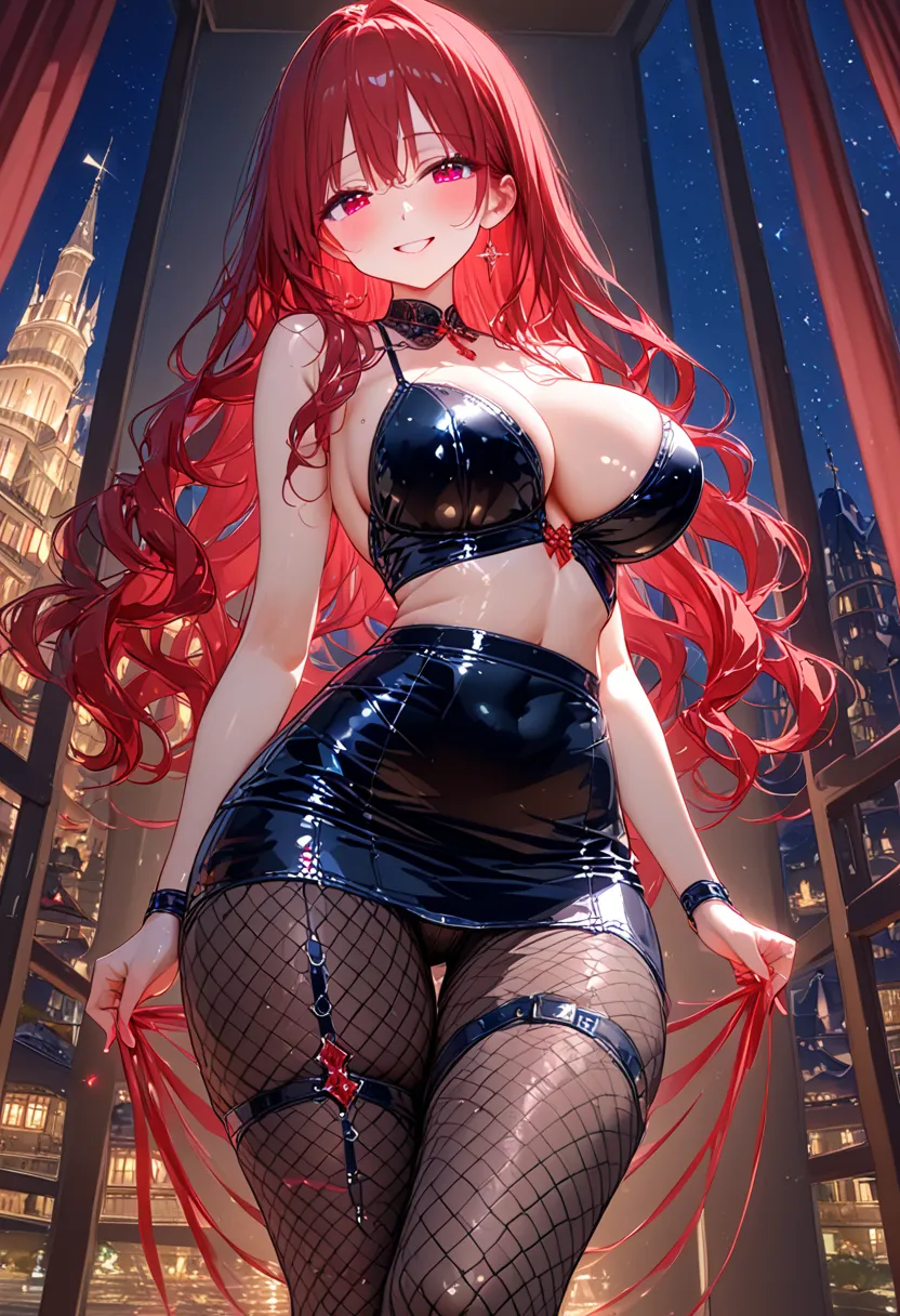 （shiny flashy bondage、 taken from below、 girls１people、fishnet tights、standing、Stand up and dance、Castle、 popup:3.0、cute girls、red wavy hair、accentuate your chest、Big Breasts:3.0、smiles、Highly exposed figure、（red long tight skirt）、Hotel night view、light par...