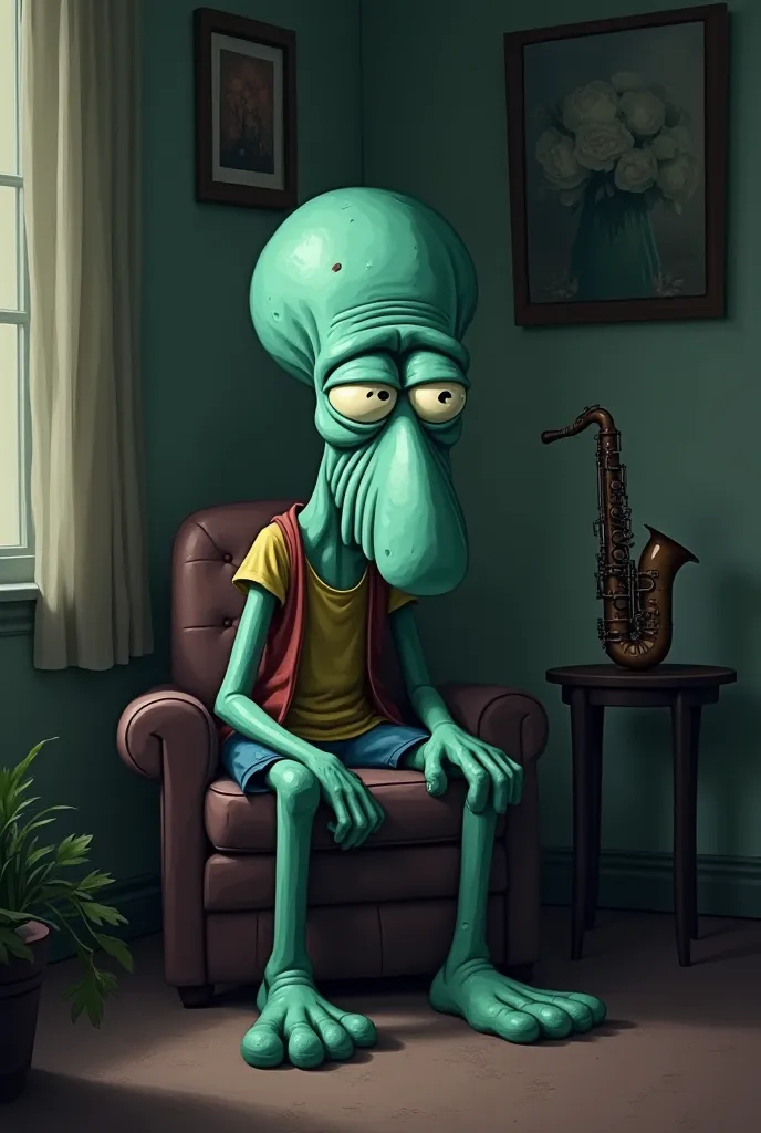 Squidward sad at home . 