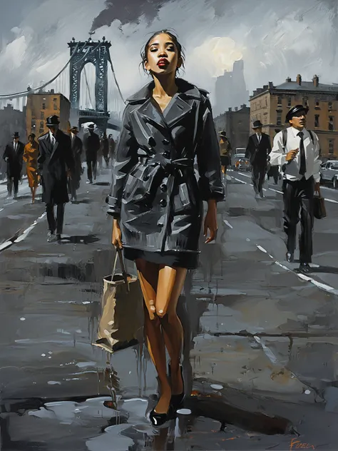 
(an expressive painting:1.3) by (Fabian Perez style:1.3) of a beautiful, very attractive , hourglass confident body shape , naked mulatto woman , In a misty scene beneath the towering Manhattan Bridge, a group of shadowy figures clad in dark coats strolls...