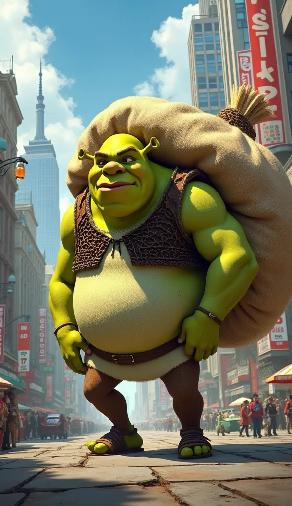 Shrek original, Holding a giant bag, In the city in the background