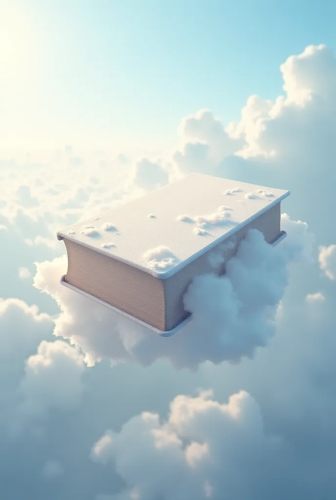 A realistic bible made of clouds floating in the sky, surreal art style, highly detailed."
