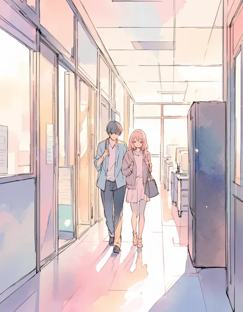 A delicate anime-style illustration in soft pastel tones with sketch-like lines and a watercolor texture. Depict a 23-year-old woman and a 24-year-old man in a modern office corridor at early morning. Neon accents subtly light the hallway. Papers and a sof...