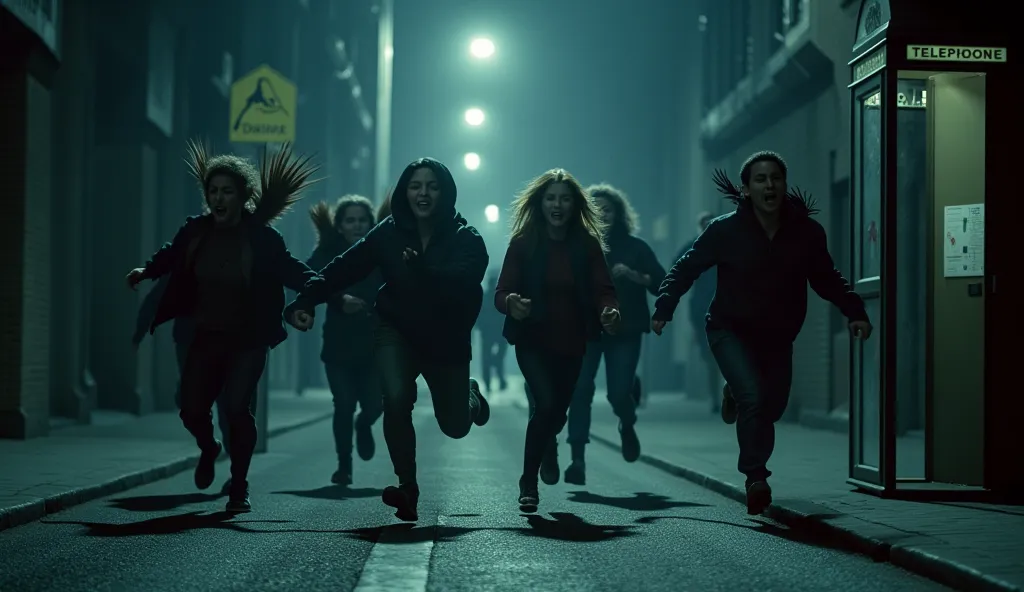 A group of terrified friends running through a dark street. Their expressions are pure panic, as if something invisible is chasing them. The telephone booth still stands in the background, untouched.