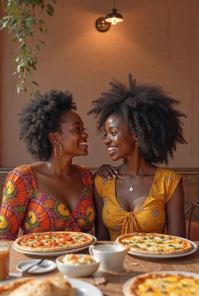 Generate an ultra-realistic image of two black women, an older mother and her adult daughter, both beautiful and wearing colorful African dresses. They're sitting in a cozy pizza place, smiling and sharing a pizza. The atmosphere is minimalist and elegant,...