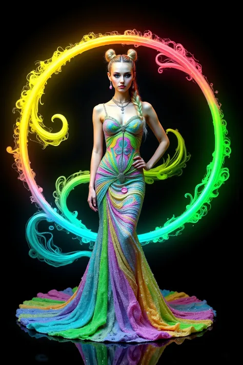 Take this image and multiply the number of swirl lines around the girl, while infusing lots of vibrant neon bioluminescent colors in the swirls as well. Make her mermaid gown highly reflective, mirror like, so all the light hits it, and reverberates it int...
