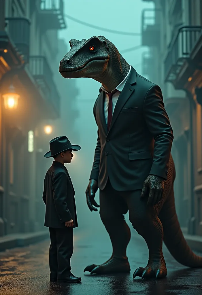  boy dressed as mobsters, on the street with a muscular humanoid dinosaur in a bodyguard suit,  at night, fog