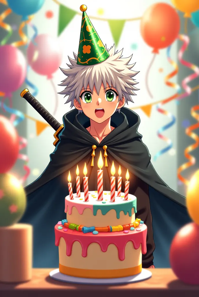 Create an Asta image from the anime Black Clover with a birthday cake and a party hat.