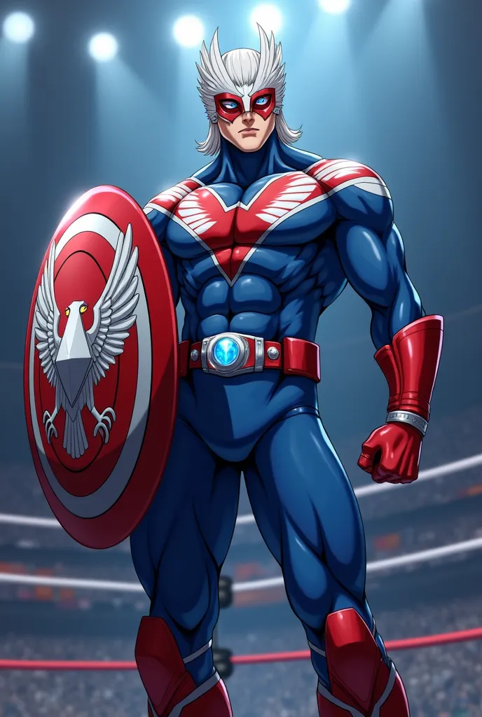 superhero　blue tight full body costume　188 centimeters　Physique body type　A round shield is a weapon　Muscle Enhancement 　hero mask like Batman　mask shaped like an eagle　wear dark blue briefs from above　yellow belt　The shining crystal in the center of the b...