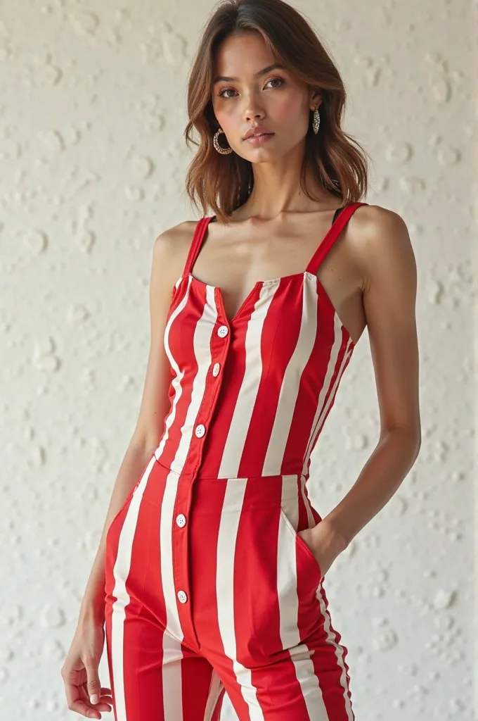 Woman in short jumpsuits, Wide straps, Red from white stripes, Buttons on the front