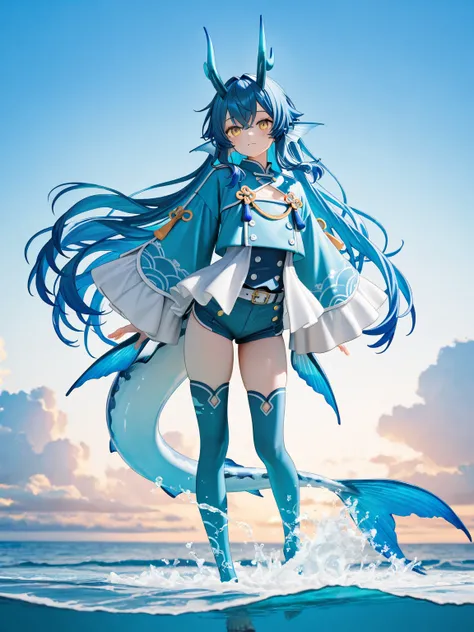 vtuber model, vtuber
1 man, vtuber, vtuber model, design, full body,
lots of clothes, blue shades, water theme, sea theme, sky and clouds theme, shells on the head, short jacket, belt on the chest, very big sleeves, wide sleeves, very long hair, hair like ...