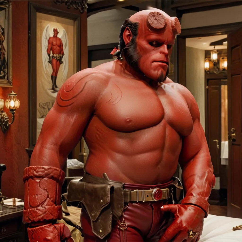 Embrace J's timeless style.c. Close-up Leyendecker illustrations, hellboy man, in a luxury hotel room ,  Victorian style , , above all, defined chest, shirtless, ruby red leather, tight pants, Volume in the groin,  erect penis, looking at the camera, A con...