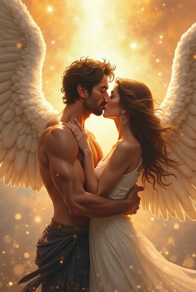 Handsome brunette, man rips off kaidans against the background of angelic light. And flies to heaven meets an equally beautiful woman they cuddle, girl delighted, kiss and kiss again