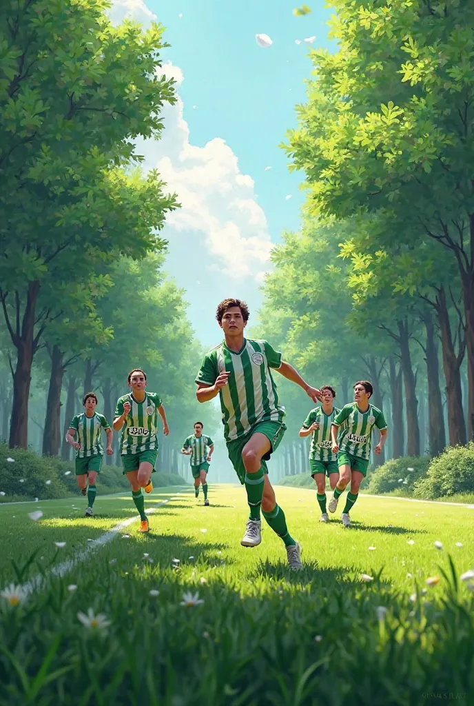 Give me an image of a soccer team with trees around, the uniform must be green and white it is for a publication to give it to me horizontally
