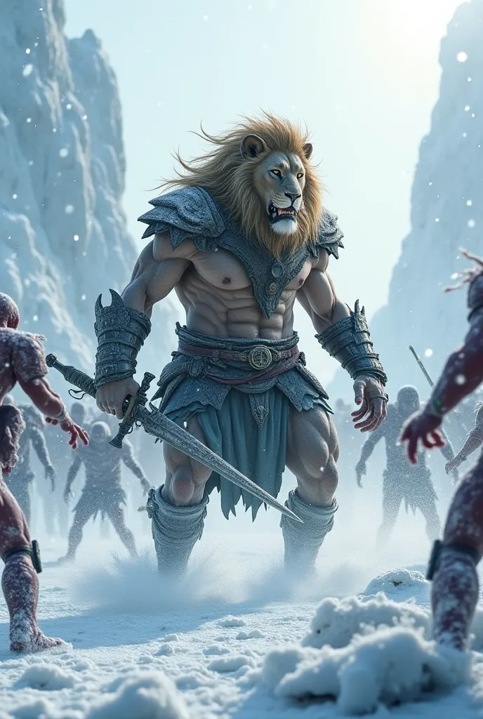 A warrior human lion fighting zombies in the snow