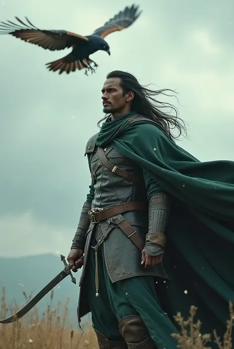  high quality, 8K Ultra HD, 1man, tall, slender, dark brown skin, long hair, curved knife with thin blade and long handle, leather armor, dark green cape, kestrel flying in the air above him, windy, cloudy 