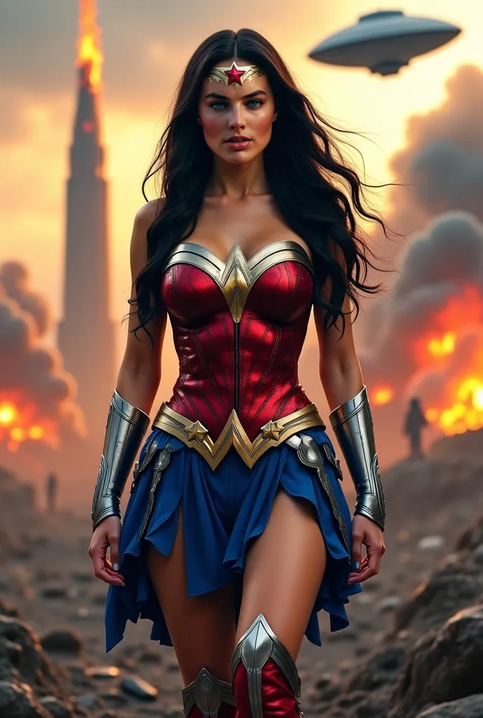 A beautiful woman with long black hair under the mantle of the warrior Amazon Wonder Woman red Corset costume, royal blue skirt, knee-length red boots, metal bracelets, silver-colored metal headband with a red star on her forehead in an apocalyptic city, s...