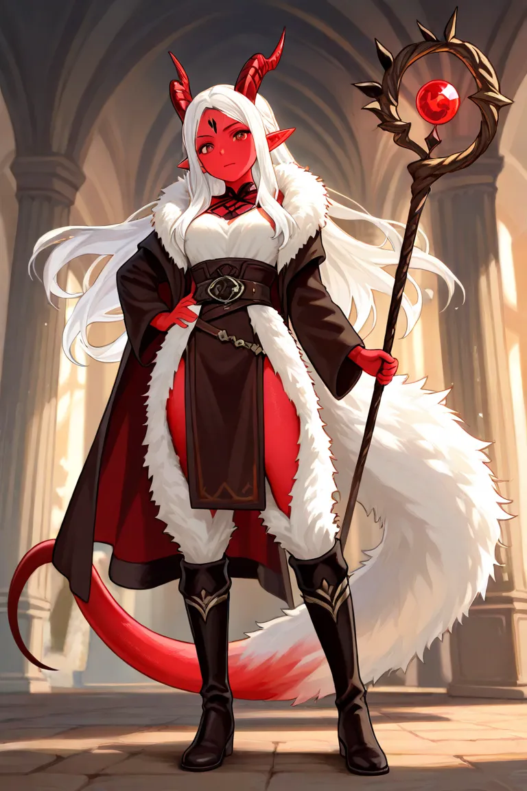 The illustration depicts a fantasy character with striking features. The character has vivid red skin adorned with black markings, long flowing white hair, and pointed ears, suggesting an otherworldly or demonic origin. They are dressed in a tattered, fur-...