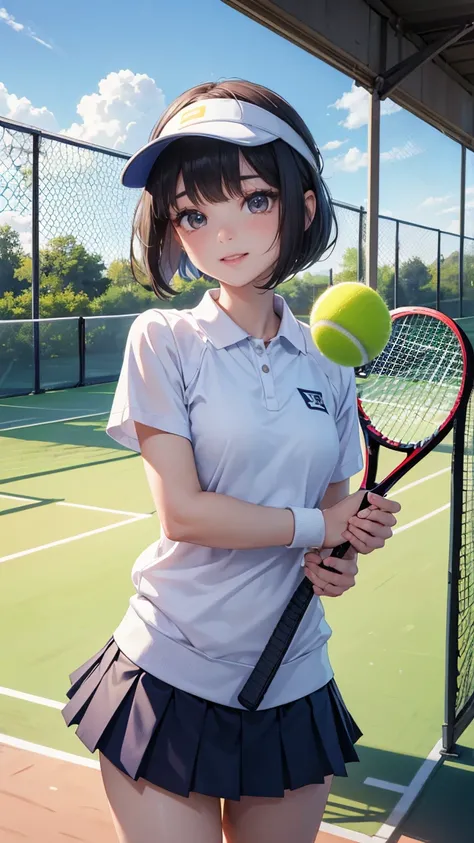 (Absurdly、best image quality、32K、Golden Ratio Face、pretty girl、cute、long lashes、Double eyelids、glossy lipstick、natural makeup)、(((bob hair、 sun visor)))、(((tennis court、Tennis Club、tennis uniform、pleated skirt、Skirt fluttering、undercoat、I have a tennis rac...