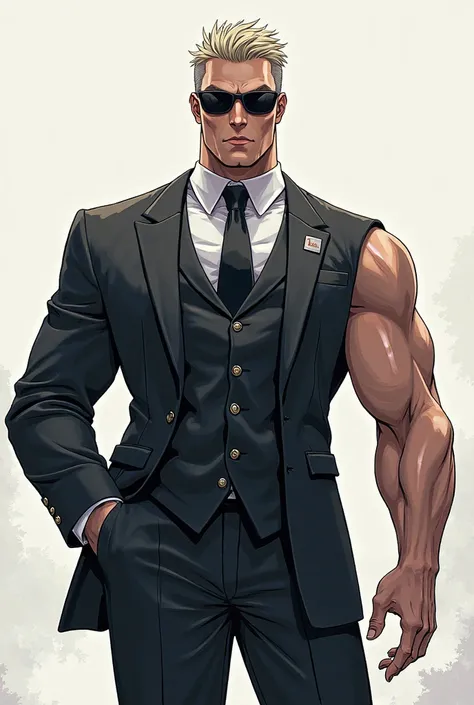 A muscular and big man with only one arm wearing a suit and dark glasses anime version