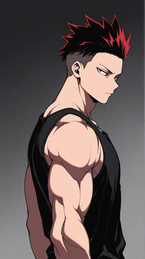 1teenager, male focus,athletic muscular body, tall, fair skin,undercut slick back hair,black hair with red highlight,red eyes, boku no hero academia, engulf in infernal fire,eyes on camera,tank top,masterpiece, best quality, very aesthetic, absurdness,seri...