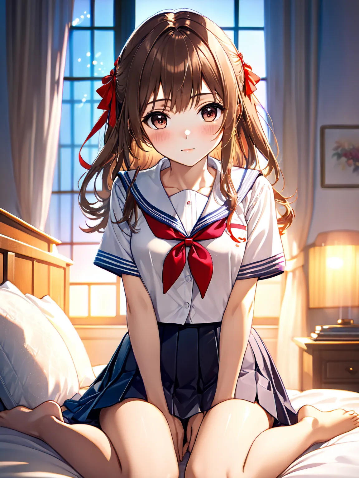 (Masterpiece, highest quality, ultra-detailed, bright, anime style, cinematic lighting, soft shading, full body shot:1.6)

A brown-haired, 18-year-old girl sits relaxing on a bed, with her legs extended straight forward. She places both hands between her t...