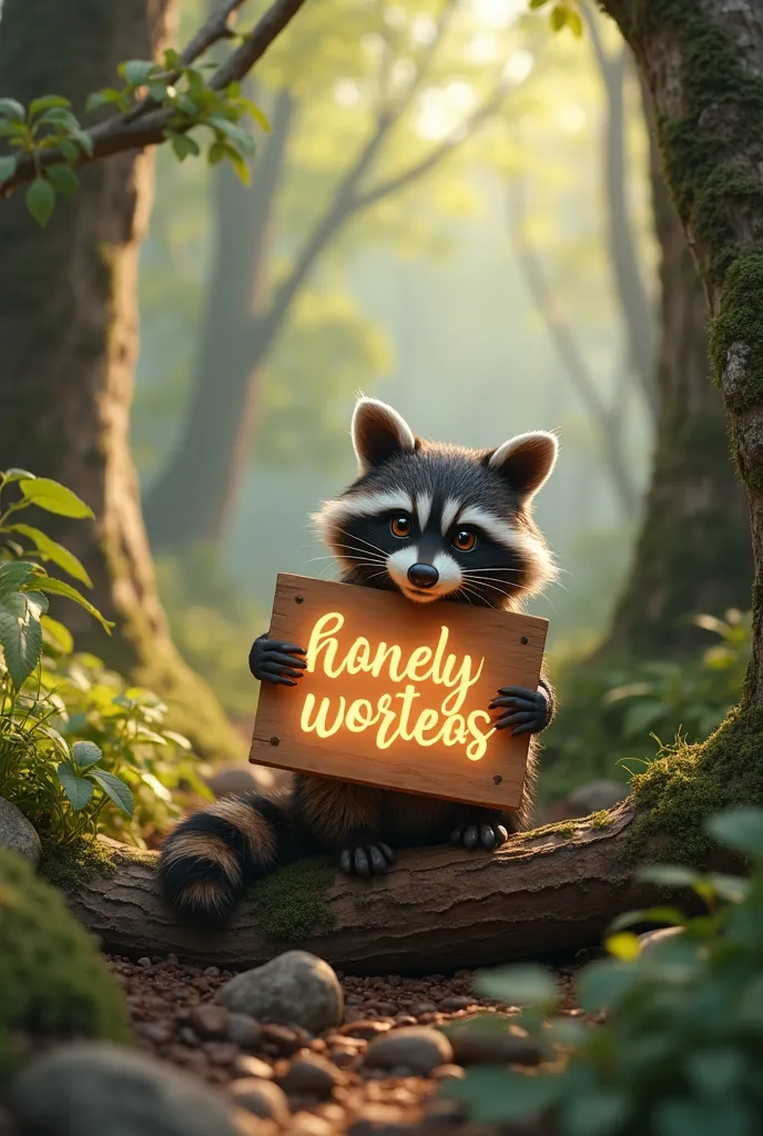 Create a photo of a raccoon in the woods holding a LightSide lettering with a beautiful font