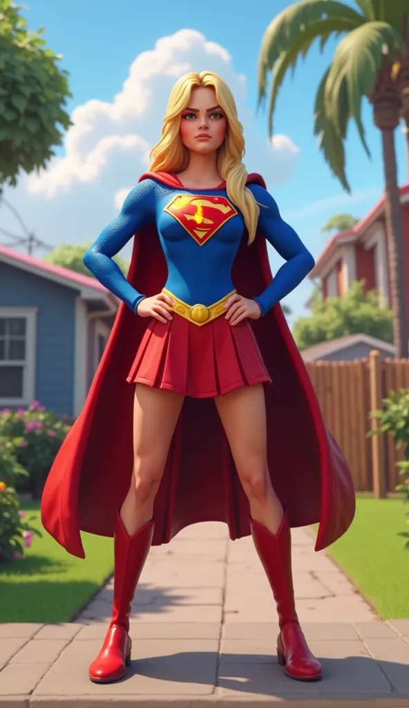 An image in the characteristic visual style of Fortnite,  with a vibrant aesthetic , colorful and slightly cartoonish. The scene features Supergirl in the spotlight, positioned against a background of a stylized suburban backyard full of personality. She i...