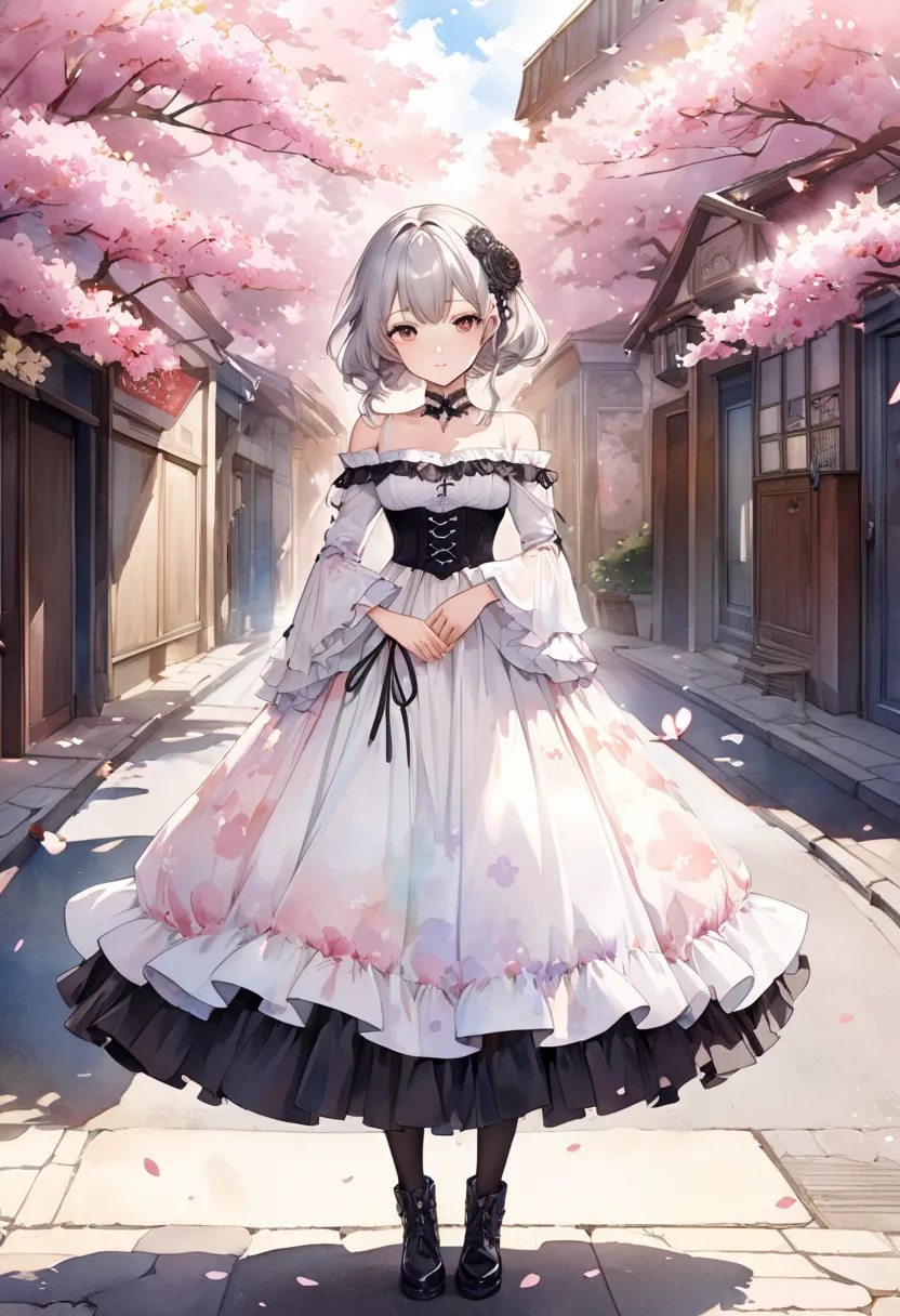 (((nsfw)))、 (((watercolor))), (((gothic))),      A woman standing on a street with cherry blossoms  、  Seductive scene     ,     Decorate with hair accessories     、       The pose is medium length      ,        wavy silver hair ..。.。Super mini skirt with ...