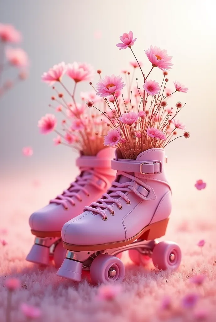 a pair of pink skates with beautiful flowers inside the inline skates, Without the brake