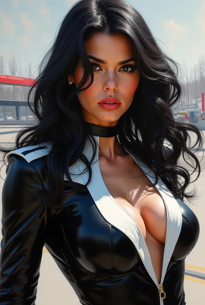 amber rose as female racer x from speed racer cartoon, professional majestic oil painting by  in style of Ed Benes and Benedick Bana,character concept design,(amber rose, elvira, jessica rabbit:1.2),(black and white x suit, :1.2),(1woman:1.2),(sketch:1.2),...