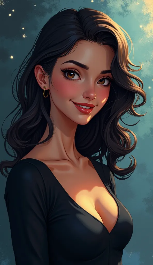 An attractive woman with a confident smile,  looking directly at the screen , as if I were talking to a man. The background should have an abstract effect with subtle sparkle, creating an air of power and mystery. fine and detailed strokes. Dark cartoon sc...