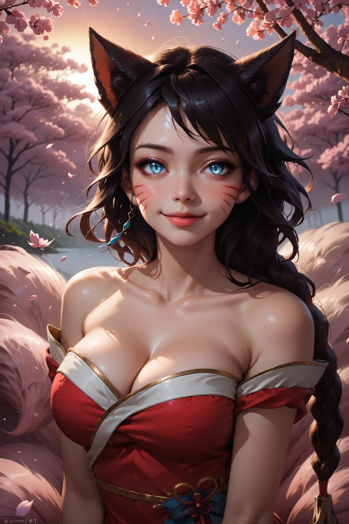 masterpiece, beautiful, detailed, 4k, HD, perfect lighting, best quality, source_cartoon, drawing, hard lines, 2D art, detailed face, very detailed, 
score_9, score_8_up, score_7_up, 
1girl, ahridefault, slit pupils, animal ears, facial mark, fox tail, mul...