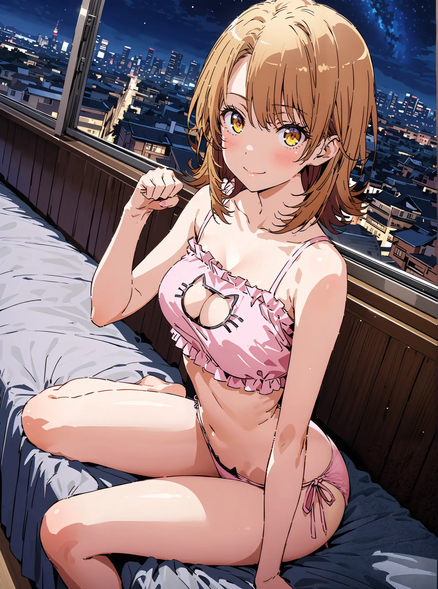 Irohaisshiki, Isshiki Iroha , short hair, brown hair, brown eyes,smile,Blushing grinning,Medium breast,Chest Valley,Alone,
Cat underwear, cat cutout, cat ear panties,  well-frilled , side tie panties,  Chest Valleyカットアウト, bell, neck nell , belly button, mi...