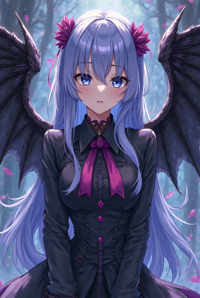 girl with blue and purple hair and eyes with a natural and beautiful beauty a dress that makes her highlight a formal and elegant dress  ( anime style demon slayer) Salutando has black wings with beautiful feathers