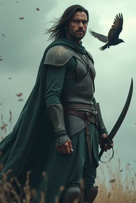  high quality, 8K Ultra HD, 1man, tall, slender, dark brown skin, shoulder length hair, curved knife with thin blade and long handle, leather armor, dark green cape, kestrel flying in the air above him, windy, cloudy 