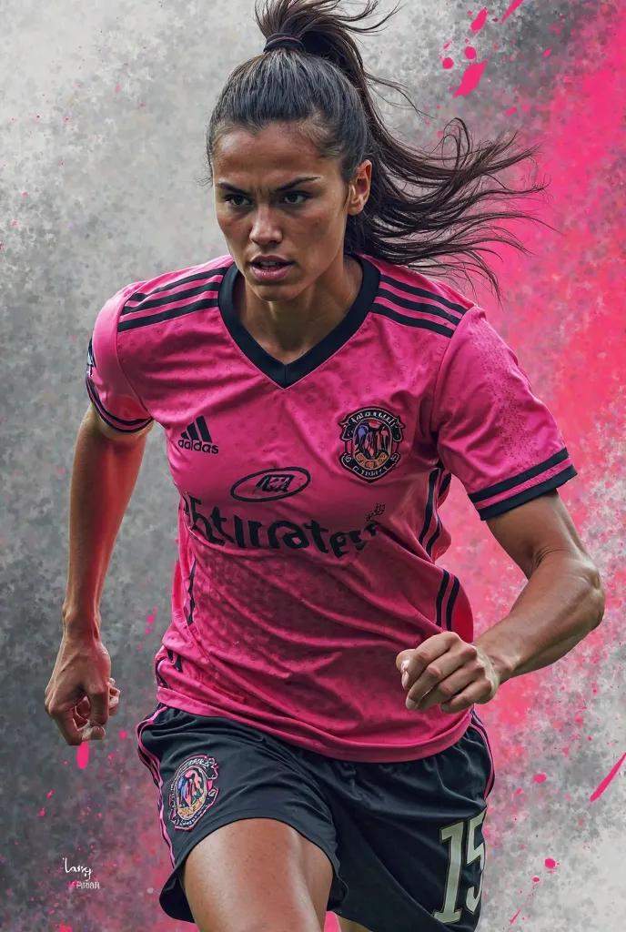 Jugadora de Futbol soccer femenino con remera rosa and black, black pants and half black, vibrant background colors between gray, rosa and black. t-shirt with detailed textures and realistic expressions