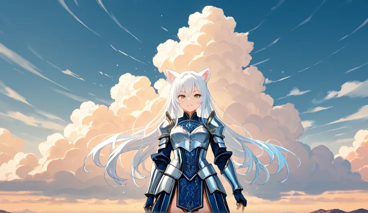 A tall, white-haired girl with dog ears and a Japanese facial appearance is captured mid-air, leaping dynamically against a backdrop of towering cumulonimbus clouds. She wears a beautifully crafted Western-style suit of armor, intricately designed with eng...