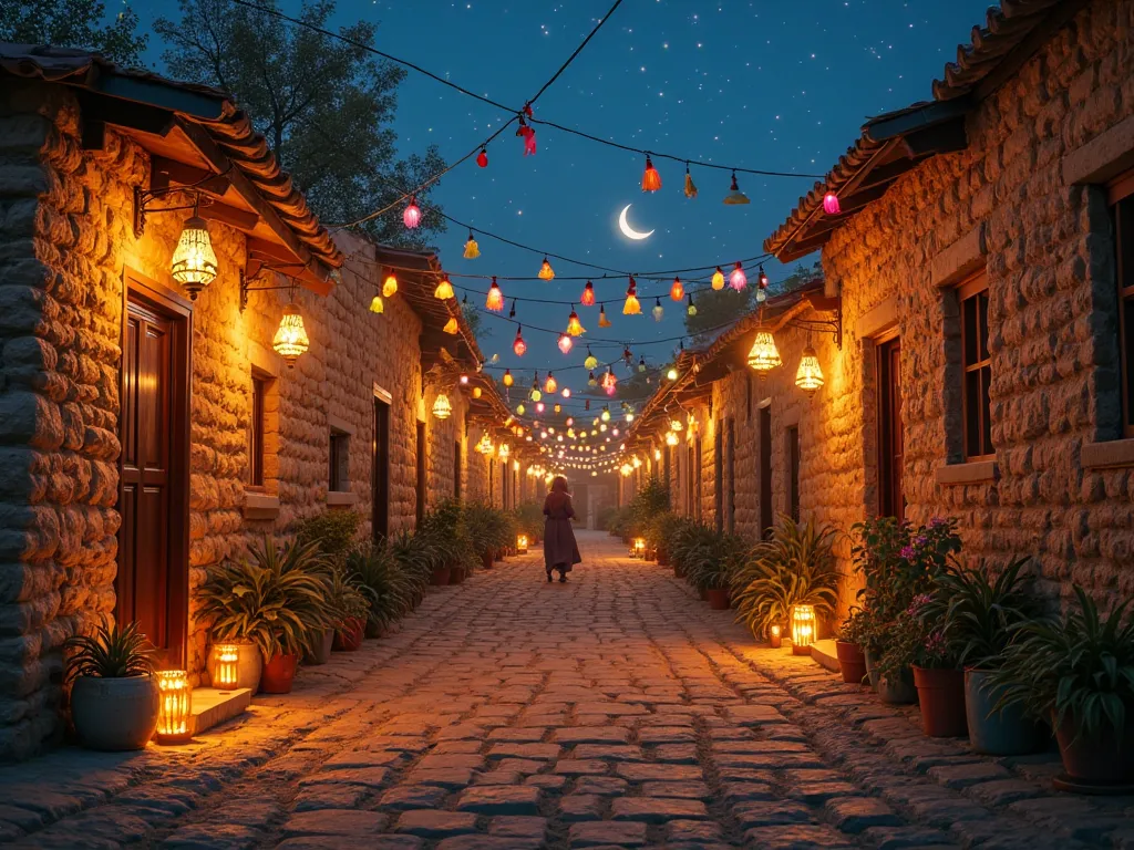 Ramadan in the village is a magical sight, where warm lantern light flickers against the rustic brick houses, casting golden glows on the narrow, winding paths. The crescent moon hangs low in the starry sky, illuminating the peaceful countryside. Simple Ra...