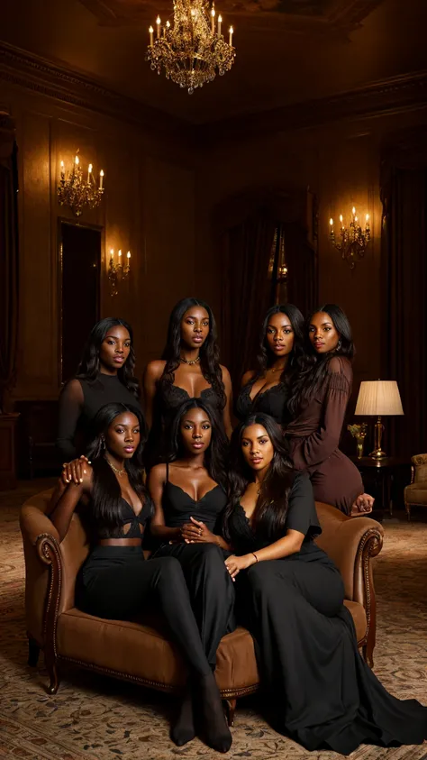 a luxurious hotel living room scene,4 Black women in their mid-40s,very dark skin,long hair in distinct styles,photorealistic,HDR,UHD,physically-based rendering,professional,detailed facial features,confident expressions,relaxed postures,plush sofa,ornate ...