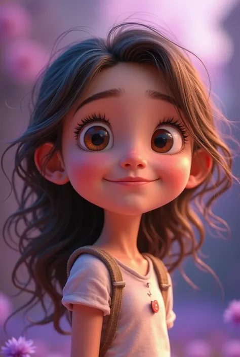 Pixar girl with Pixar style with loose brown hair and a blurry purple background and who is in front
