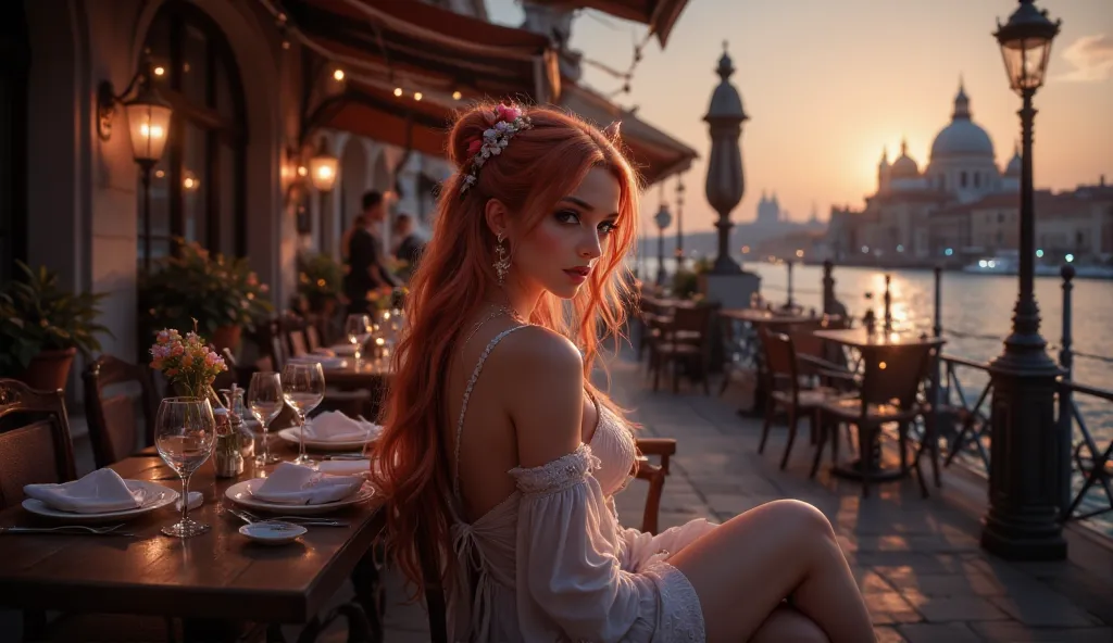 a beautiful sportive  girl 35 YEAR waiting her lover at a rendez-vous, near a famous restaurant, long blond and red hair with a dark  look , casual , red eyes,   sportive body,  smiling  , realism , photo, jet set, casual dress with a white dress ,  red ey...