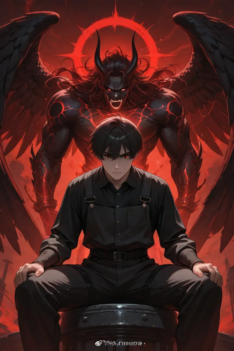 This image portrays a MAN with short dark hair and large, imposing wings. He is depicted sitting with a powerful presence, dressed in dark clothing that enhances the overall gothic aesthetic. The background features swirling red and smoky elements, creatin...